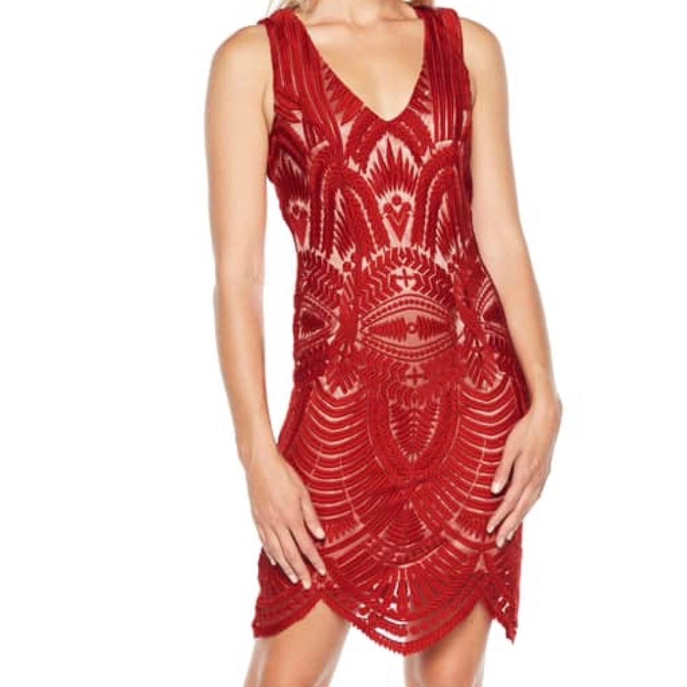 Bardot Embroidered Red Mesh Dress